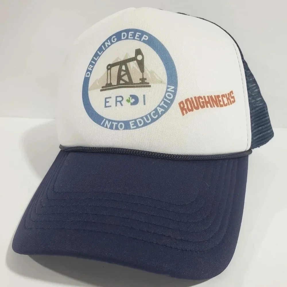 ERDI Drilling Deep Into Education Roughnecks Blue/White Snapback Trucker Hat.